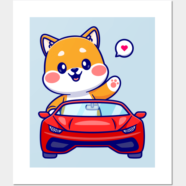 Cute Shiba Inu Dog Driving Car Cartoon Wall Art by Catalyst Labs